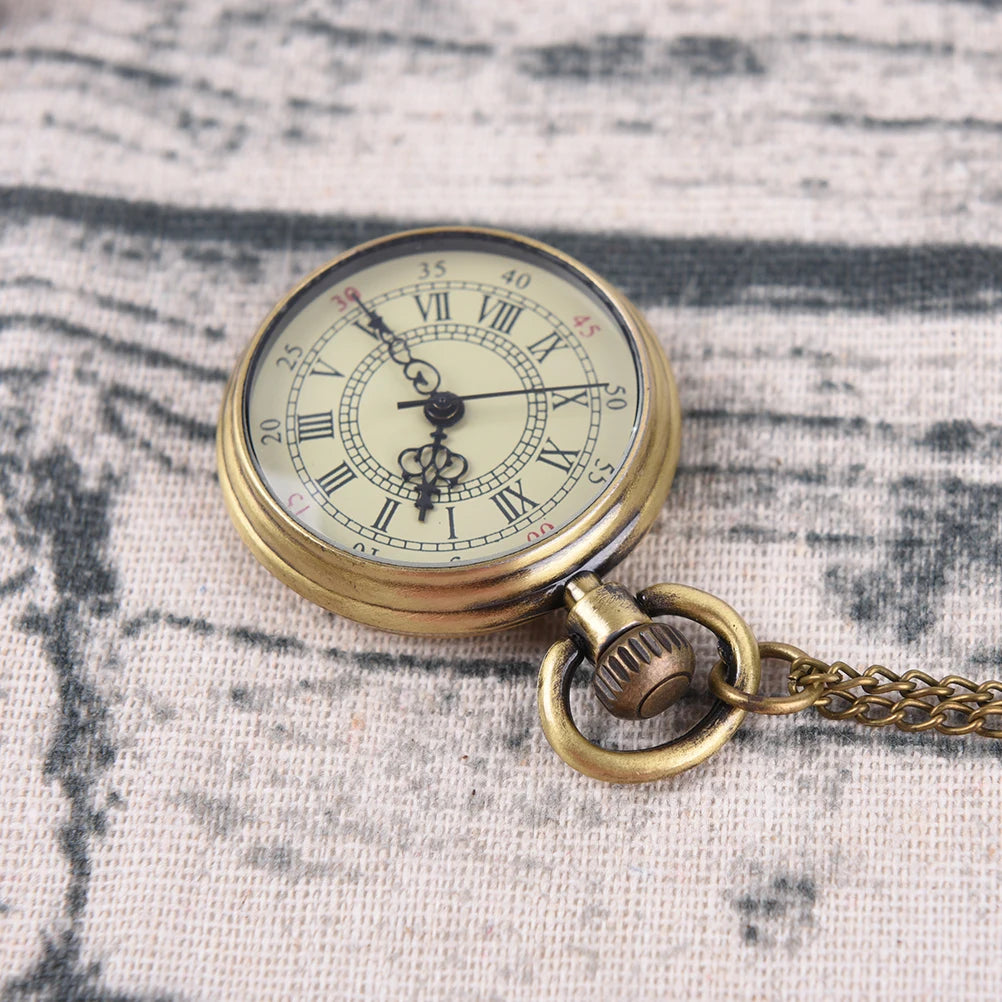 Simple Vintage Style Steampunk Beige Dial Roman Numbers Small Pocket Watch Necklace Pendant Qme