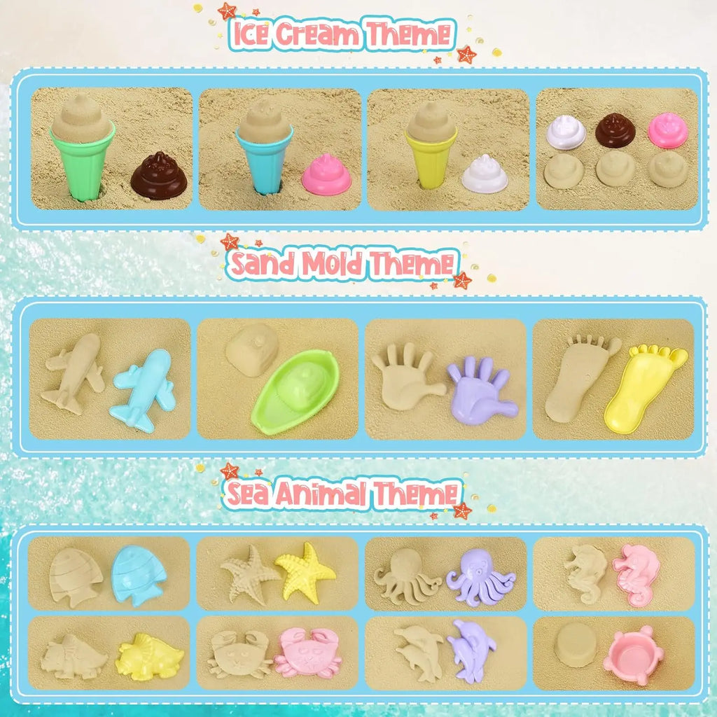Beach Sand Toys for Kids Beach Toys Set with Ice Cream Cake Sand Molds Mesh Beach Bag Shovel Rake for Toddler Sandbox Outdoor Qme