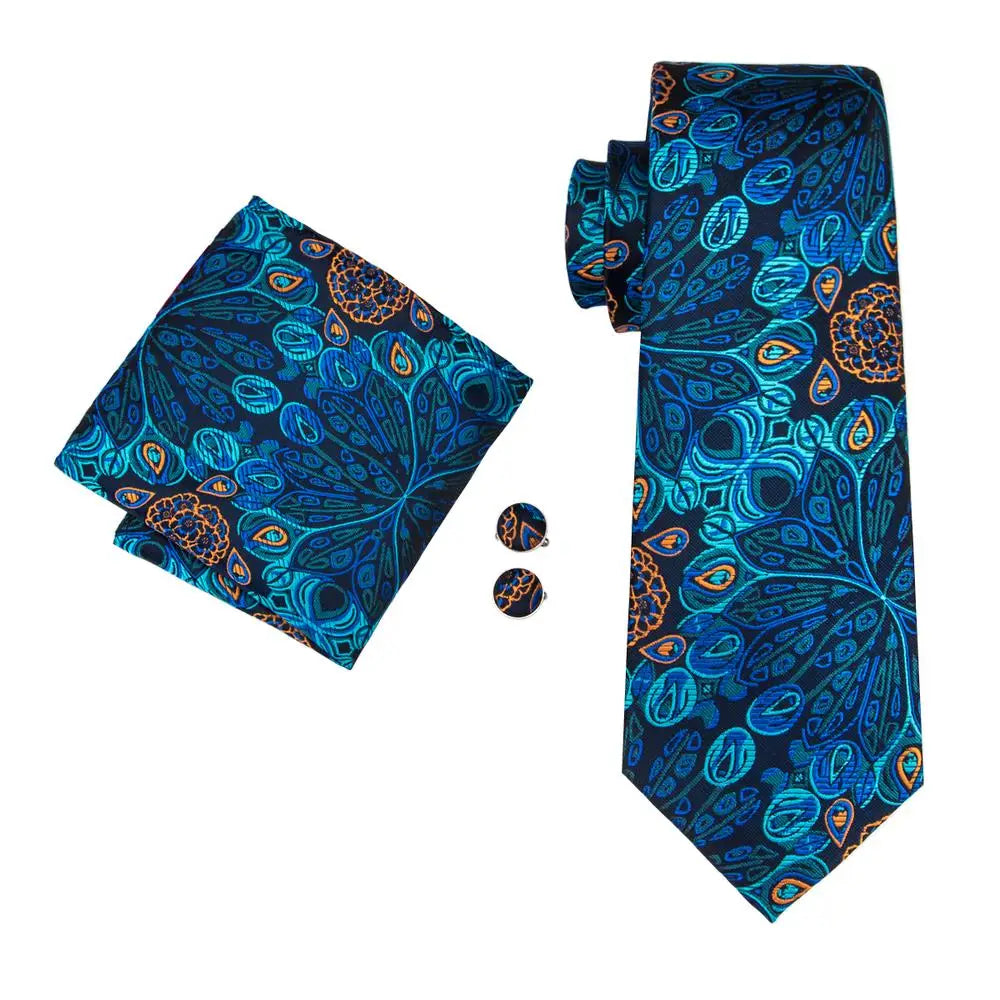 Jacquard Peacock Blue Novelty Design Wedding Tie Men Hanky Cufflinks Qme
