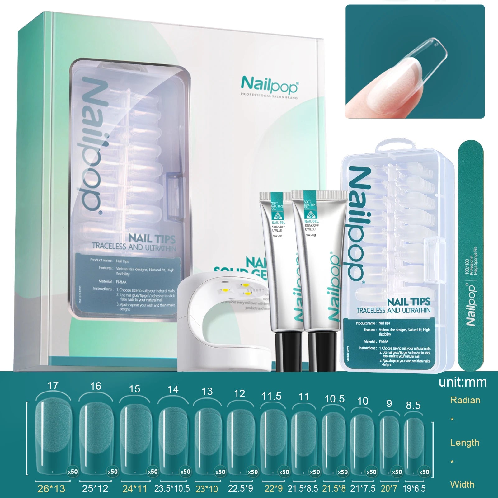 Nailpop Salon Nail Soft Gel Polish UV LED Lamp Tips Double File DIY Qme MJT-SET-67c