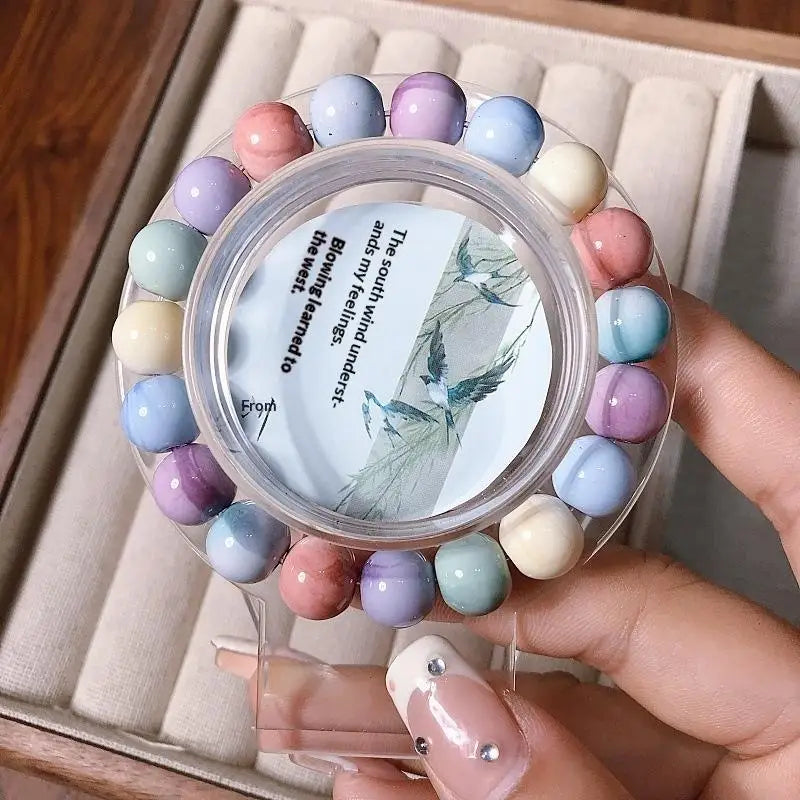 Korean Ins Sweet Ink Wash Ceramics Beaded Bracelet For Women Girls Party Jewelry Gift Elastic Beaded Chain Accessories Qme A5