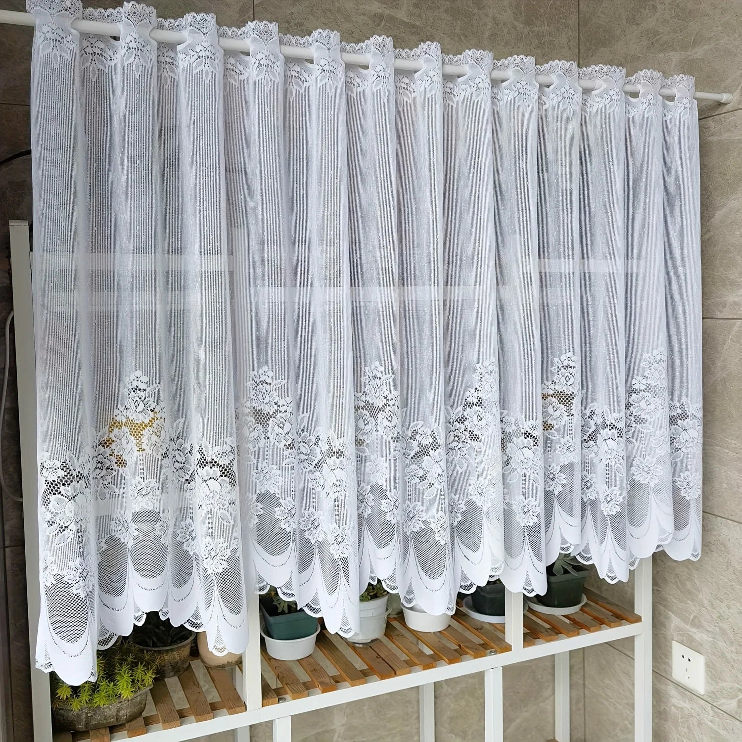 White lace chiffon curtains Floral pole pocket curtains with ruffles, semi-transparent and light-blocking, suitable for kitchens Qme W59 H36in (150 90cm)