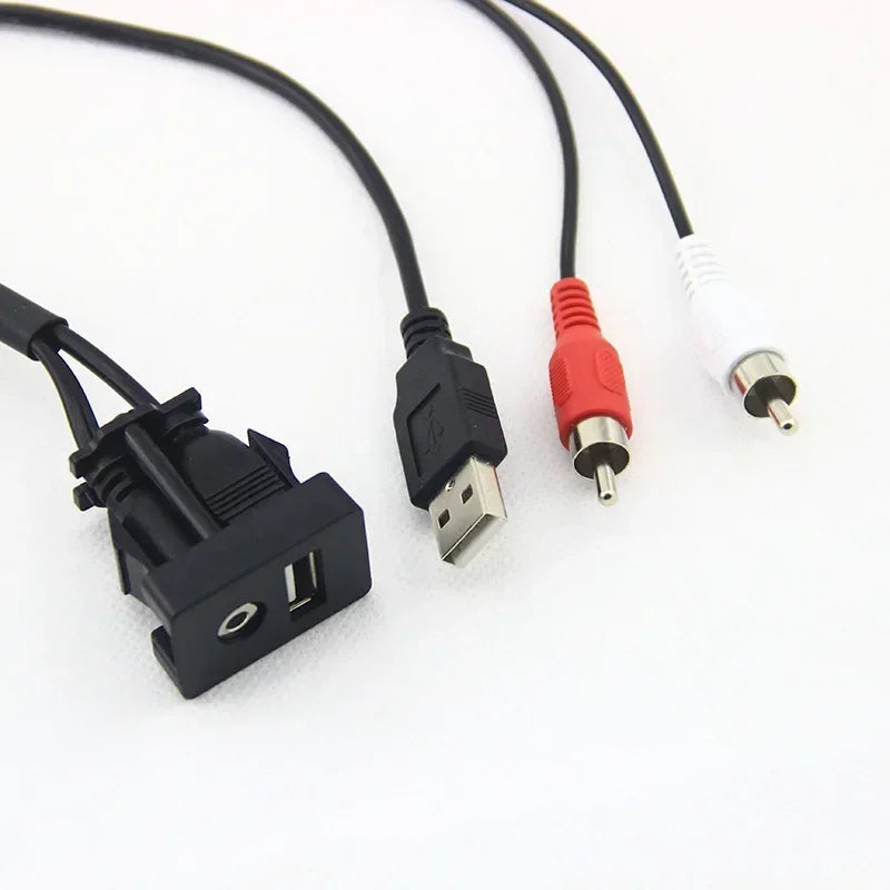 Car Boat Mot 1 Meters Length USB 2 RCA To 3.5mm Female Flush Mount AUX Stereo Qme