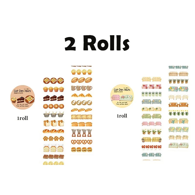2 Rolls Healing Time Washi Tape, Vintage Town & Food Elements, Multi-Purpose Decorative Tape for Journal & Art Crafts Qme A