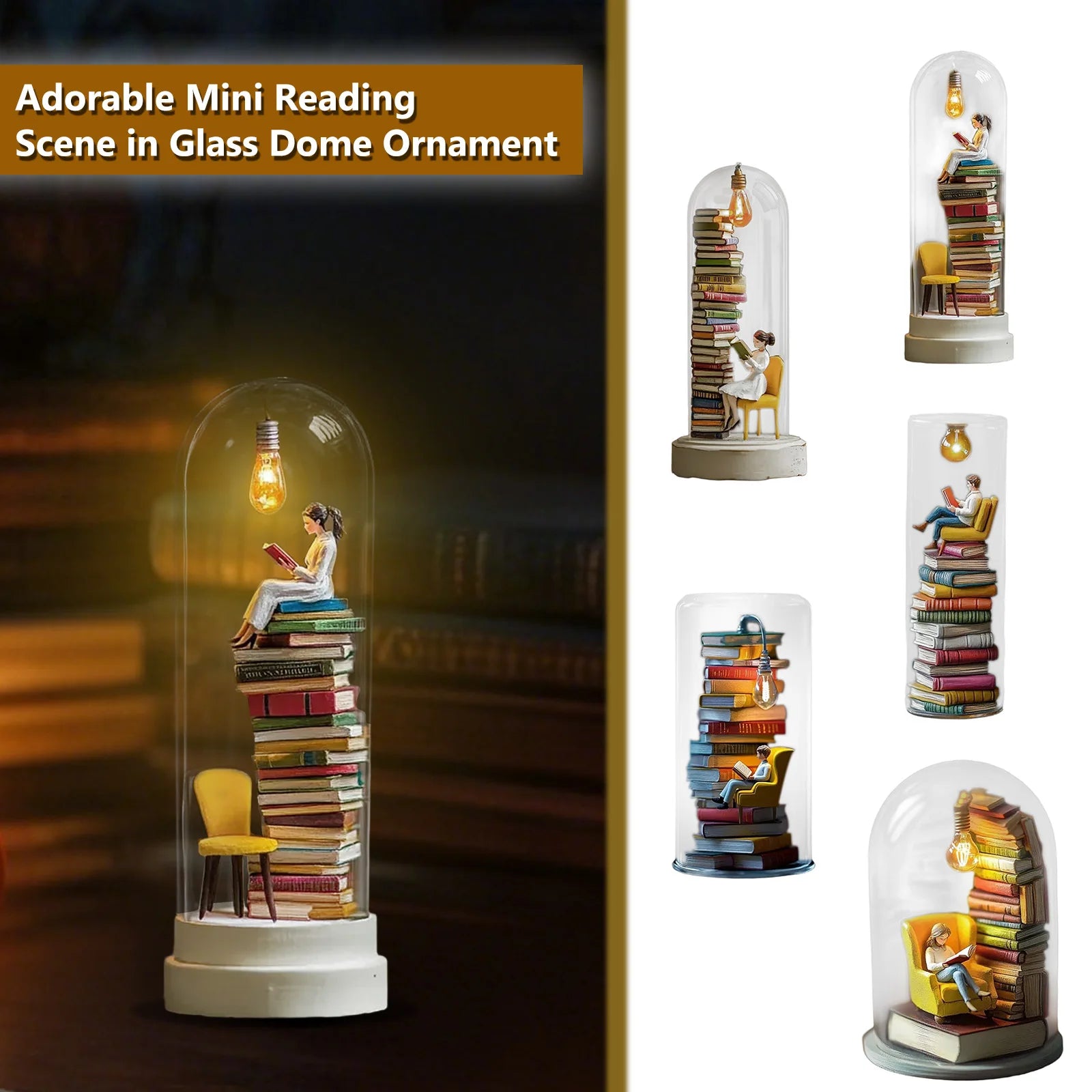 Mini Reading Figurine Lamp with Transparent Cover Tiny Bookshelf Library Statue Light for Desk Ornament Birthday Valentine Gift Qme