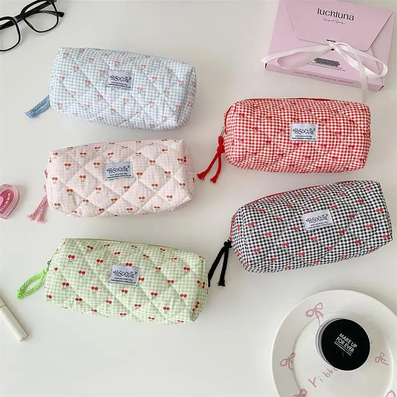 Cute Student Stationery Bag Ladies Cosmetic Bags Cherry Plaid Large Qme