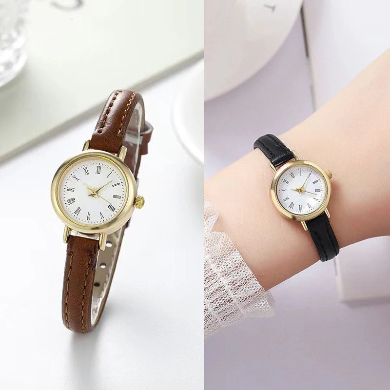Delicate Retro Roman Numeral Small Round Gold Watch with Soft Leather Band for Daily Wear Qme