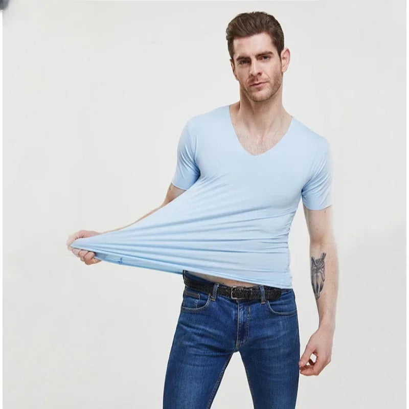 Men's Ice Silk Thin Cool Feeling V-Neck Large Size Men T-Shirt Short Sleeve Loose T-Shirt Solid Color for Male Tops Tees Qme