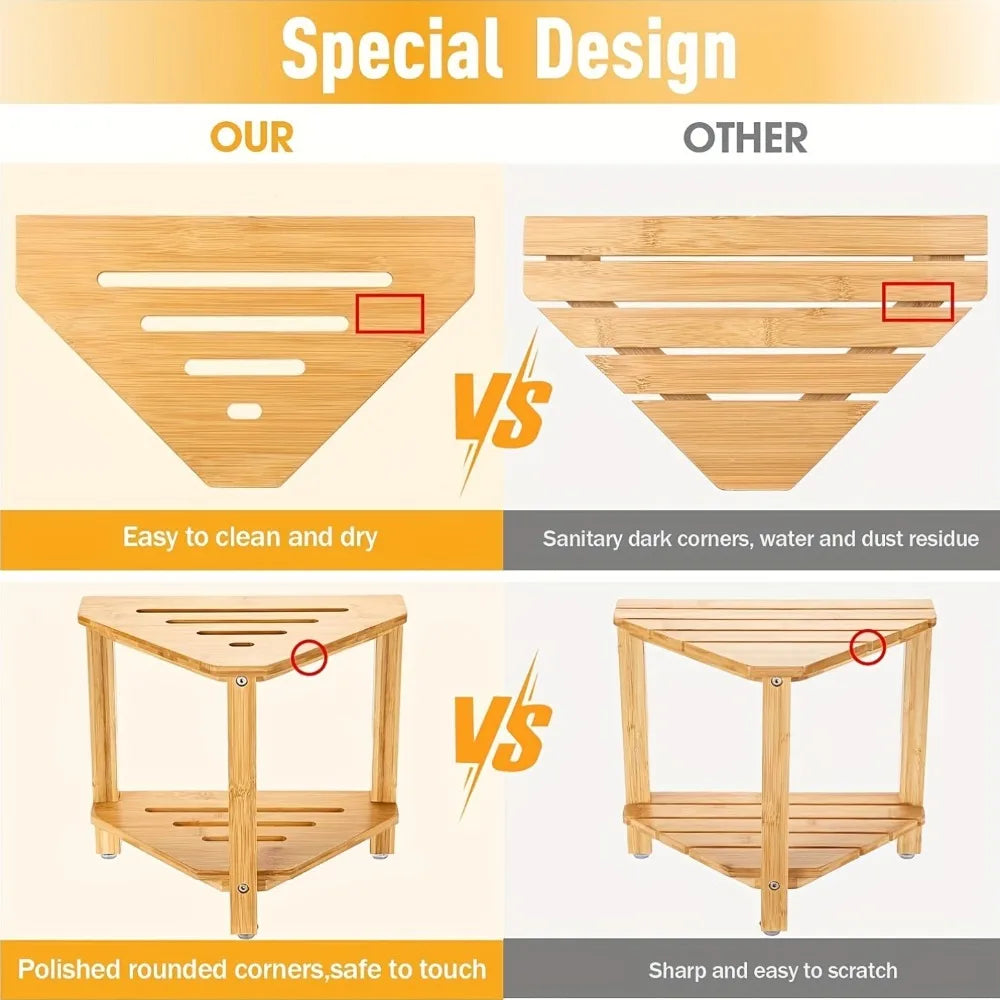 Shower Foot Rest Wood Shower Stool for Shaving Legs Waterproof Corner Shower Stool with Storage Shelf for Inside Shower Spaces Qme