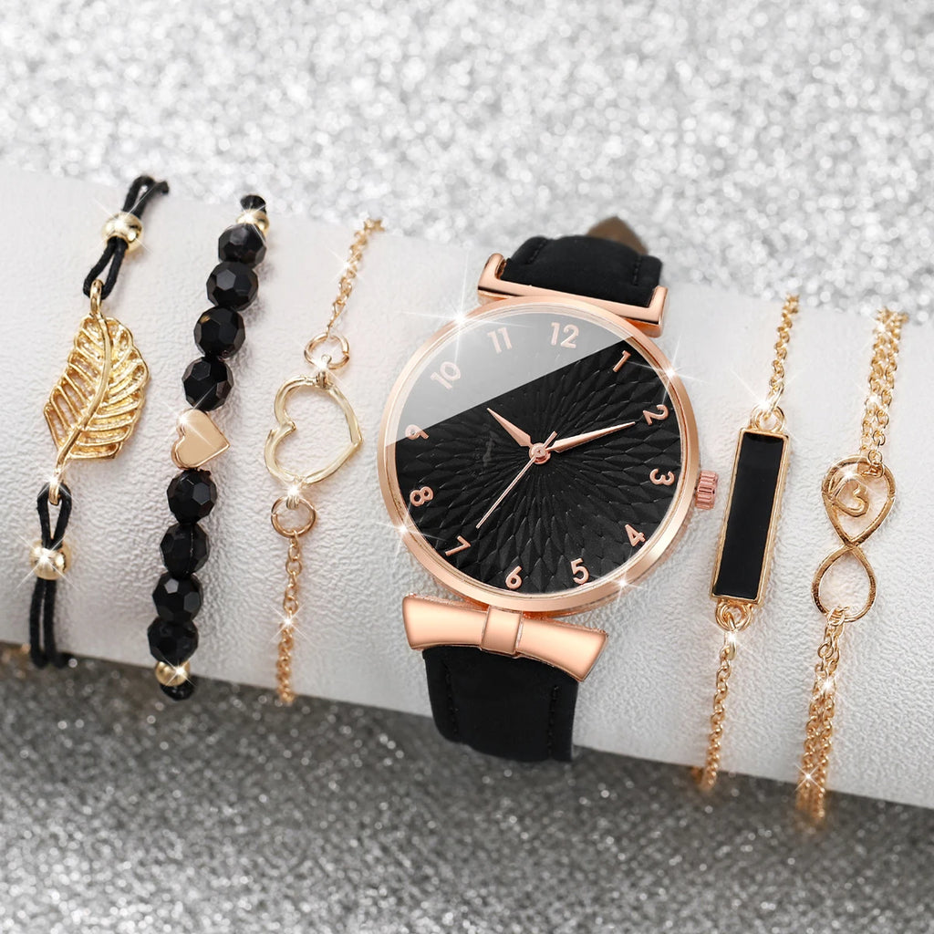6pcs/set Ladies' belt watch, student ins style Korean version, simple temperament, light luxury, niche with calendar quartz Qme