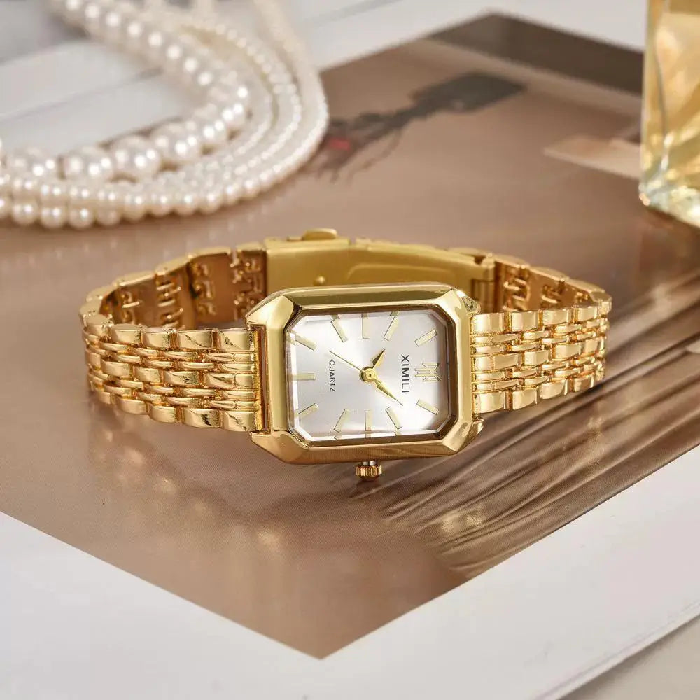 5-piece set - Fashionable square women's quartz watch with bead bracelet design, alloy case and strap, no battery required Qme