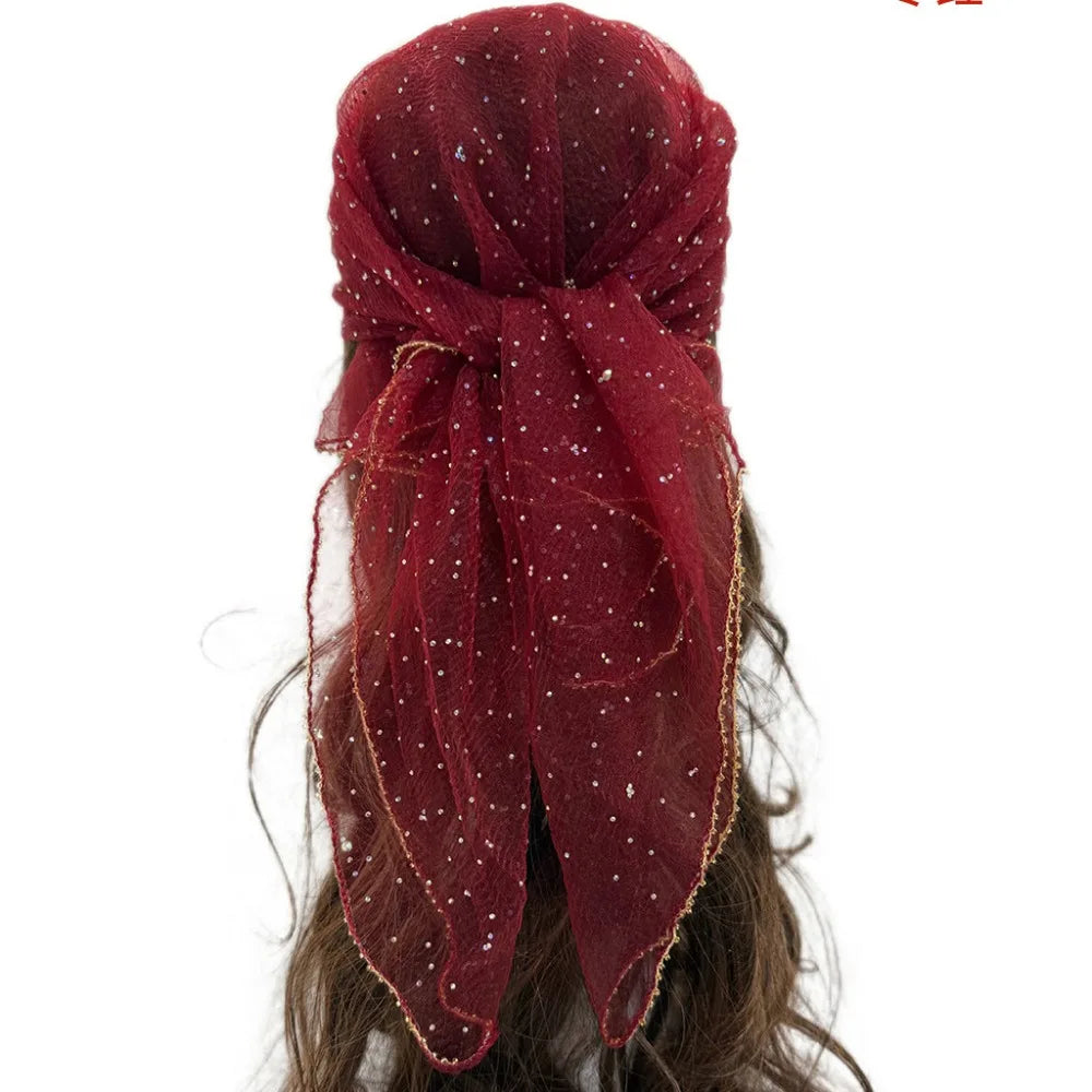 Sparkle Hotfix Rhinestone Square Scarf Sequin Thin Mesh Bandana Qme Dark Red