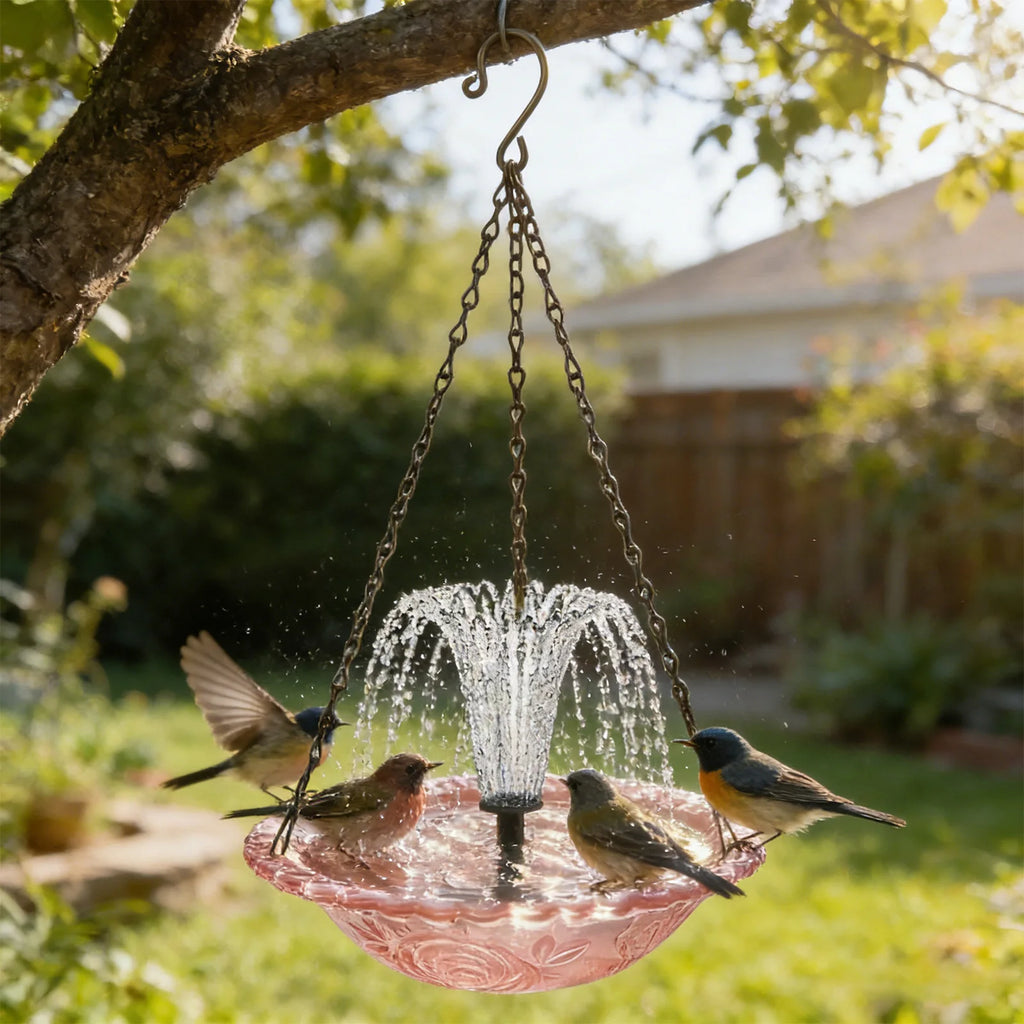 Solar Powered Birdbath with Water Pump Wildlife Feeder Outdoor Hanging Bird Bath with Solar Fountain for Outdoor Garden Decor Qme