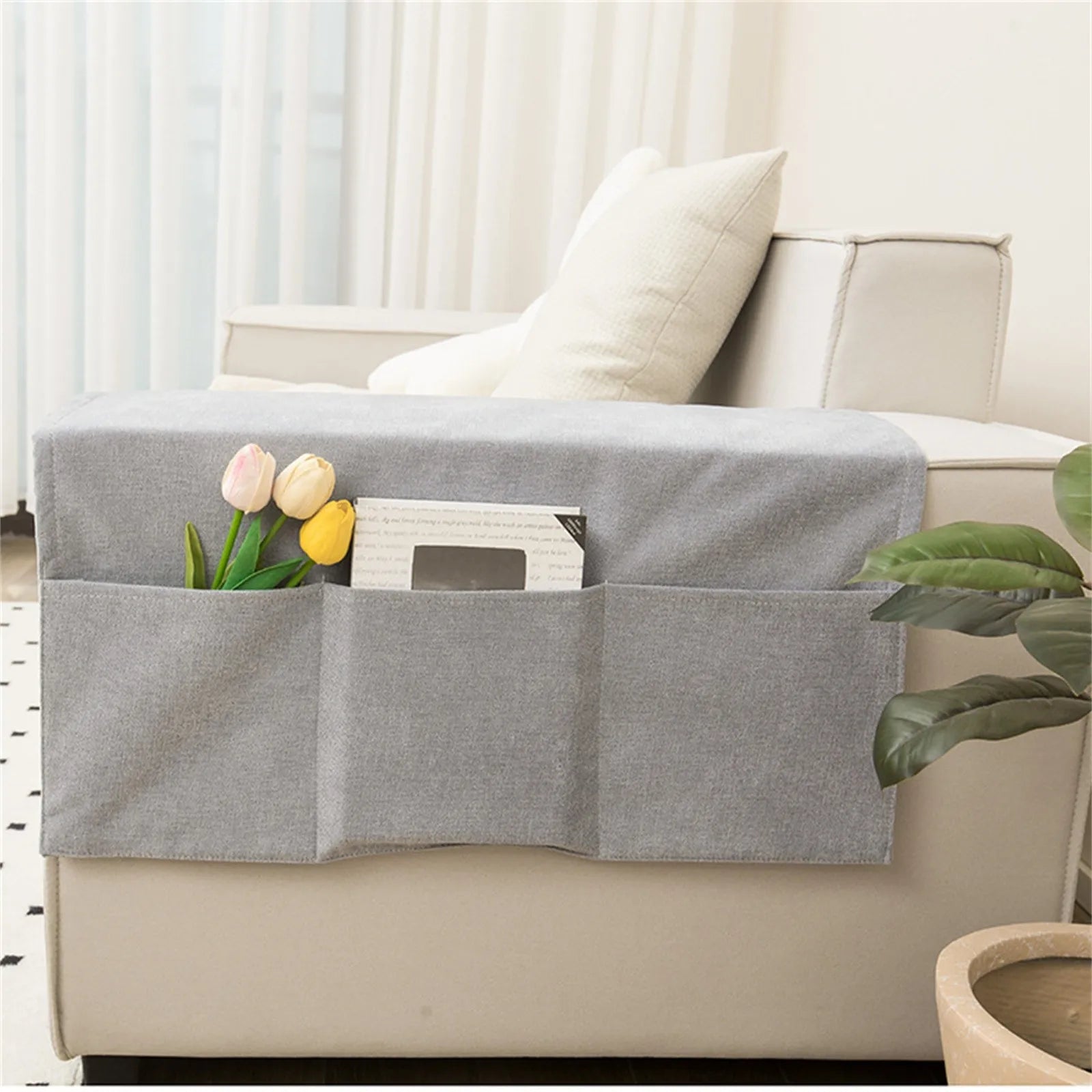 Sofa Armrest Organizer with Pockets Sofa Armchair Storage Bag Non-Slip Hanging Couch Pouch for TV Remote Control Cellphone Bag Qme Gray