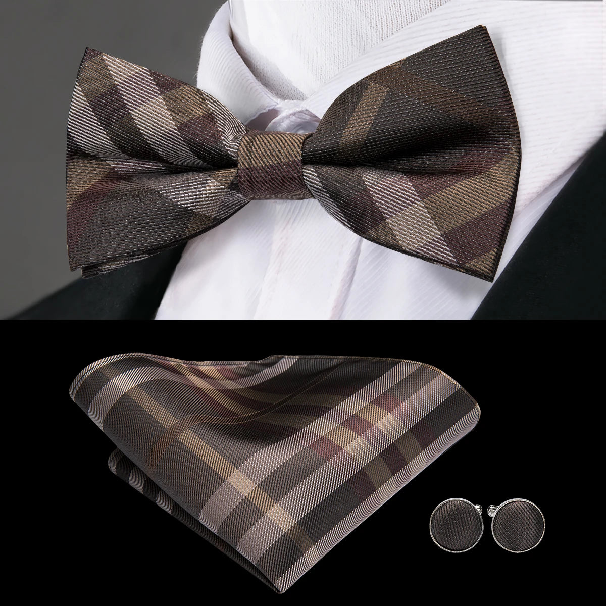 Hi-tie Grey Plaid Jacquard Pre-tied Mens Bow Tie Hanky Cufflinks Qme LH-0777