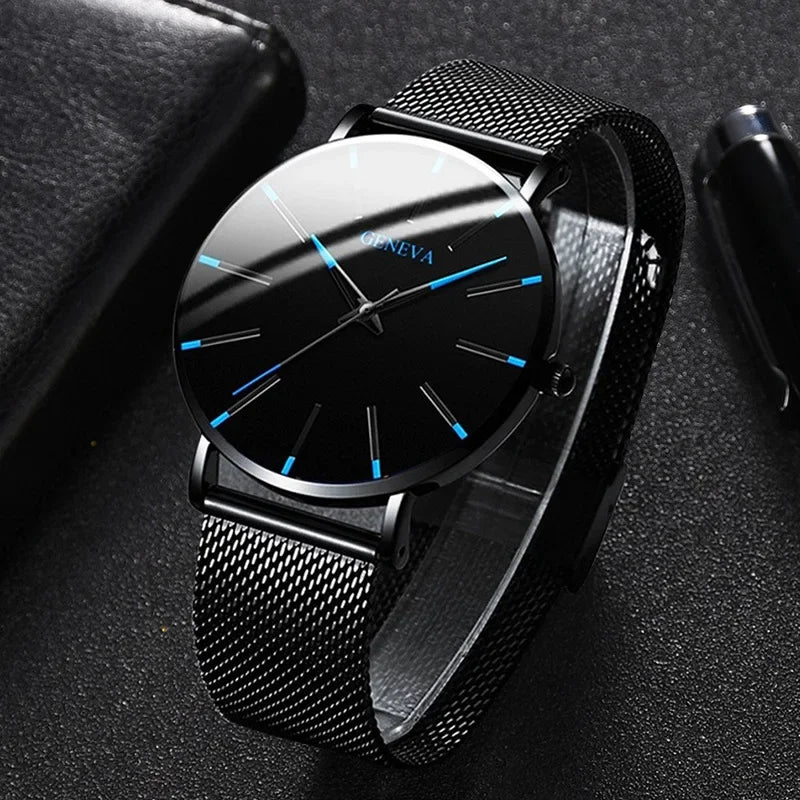 Fashionable Ultra Thin Men's Watch, Quartz Watch with Stainless Steel Mesh Bracelet for Business Men Qme Blue No