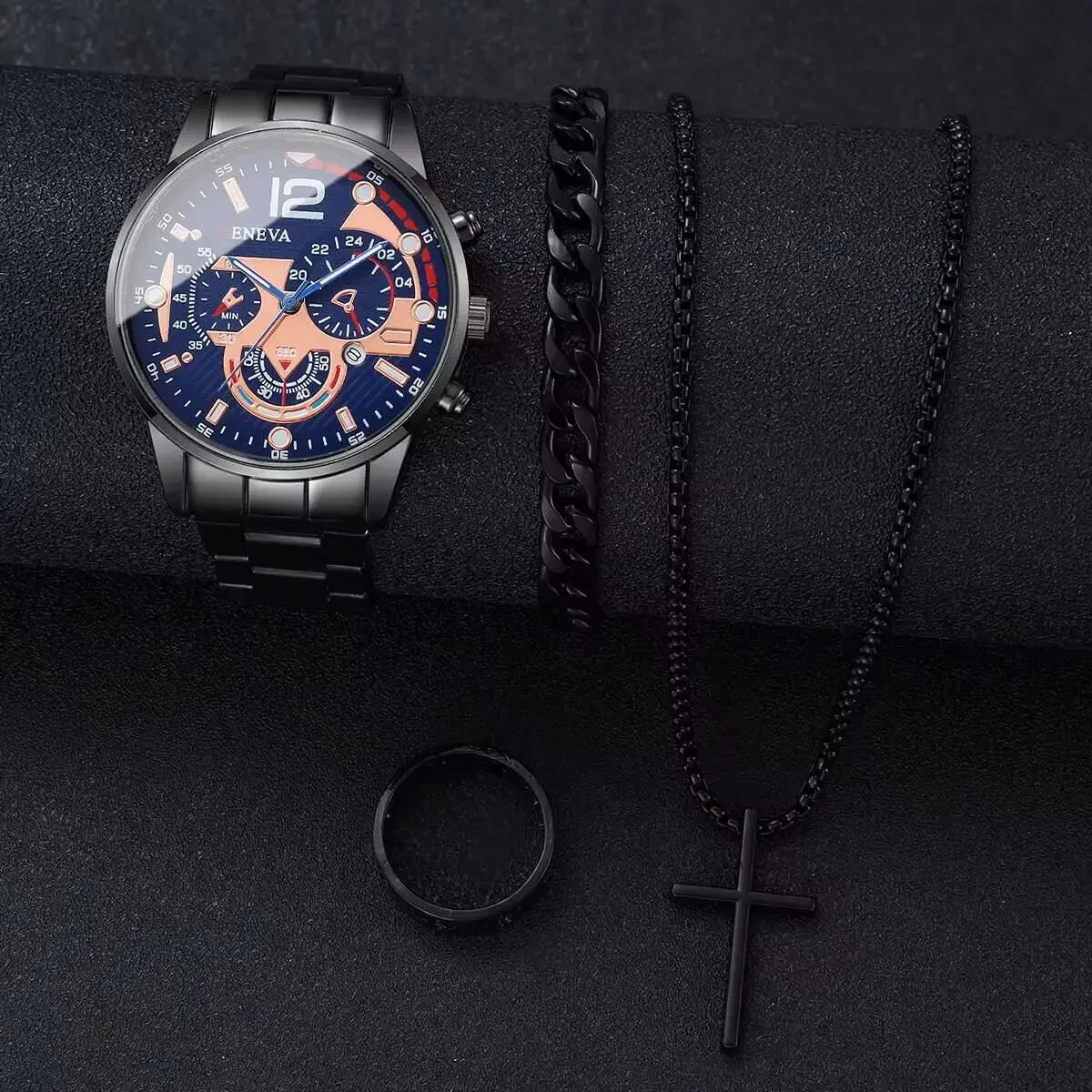 Business Men's Watch Calendar Watch Men's Steel Belt Watch Cross Bracelet Set Trendy Men's Accessories Qme
