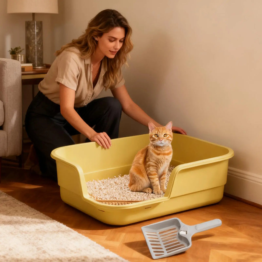 Cat Box Semi-Enclosed Easy Clean with Scoop Open Top Semi Enclosed Litter Box for Cleaning Odor Control Indoor Office Dorm Qme