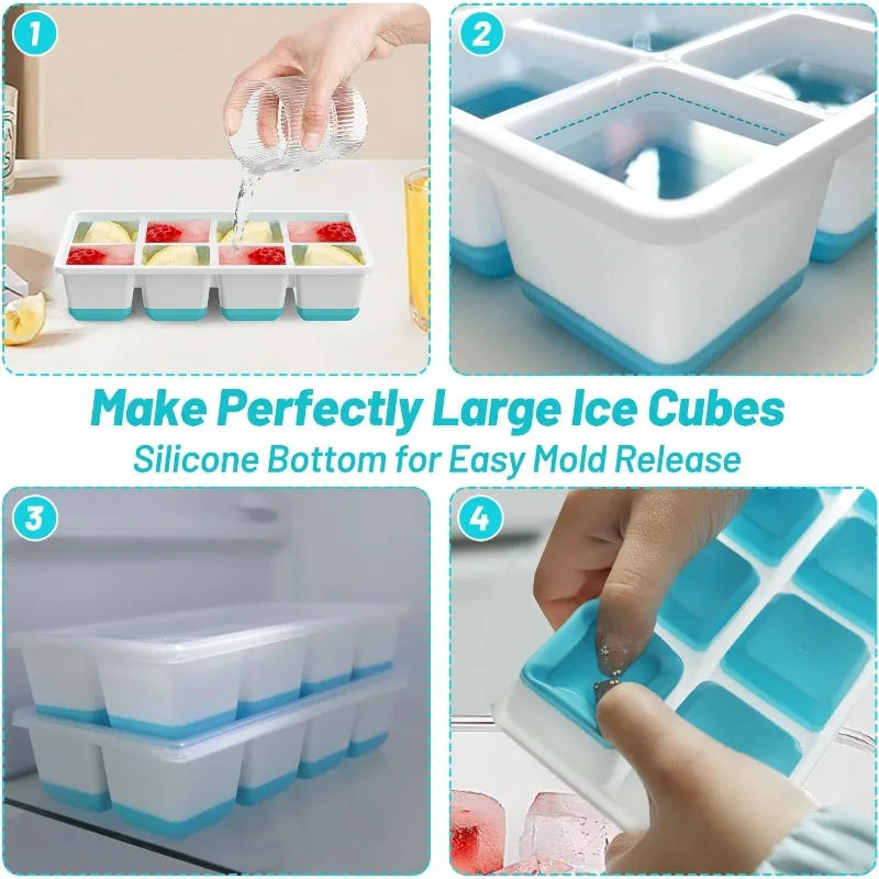 8 Grid Large Square Plastic Ice Tray with Lid, Soft Bottom Easy To Release Mold Large Ice Cube Mold for Whiskey Cocktail Qme