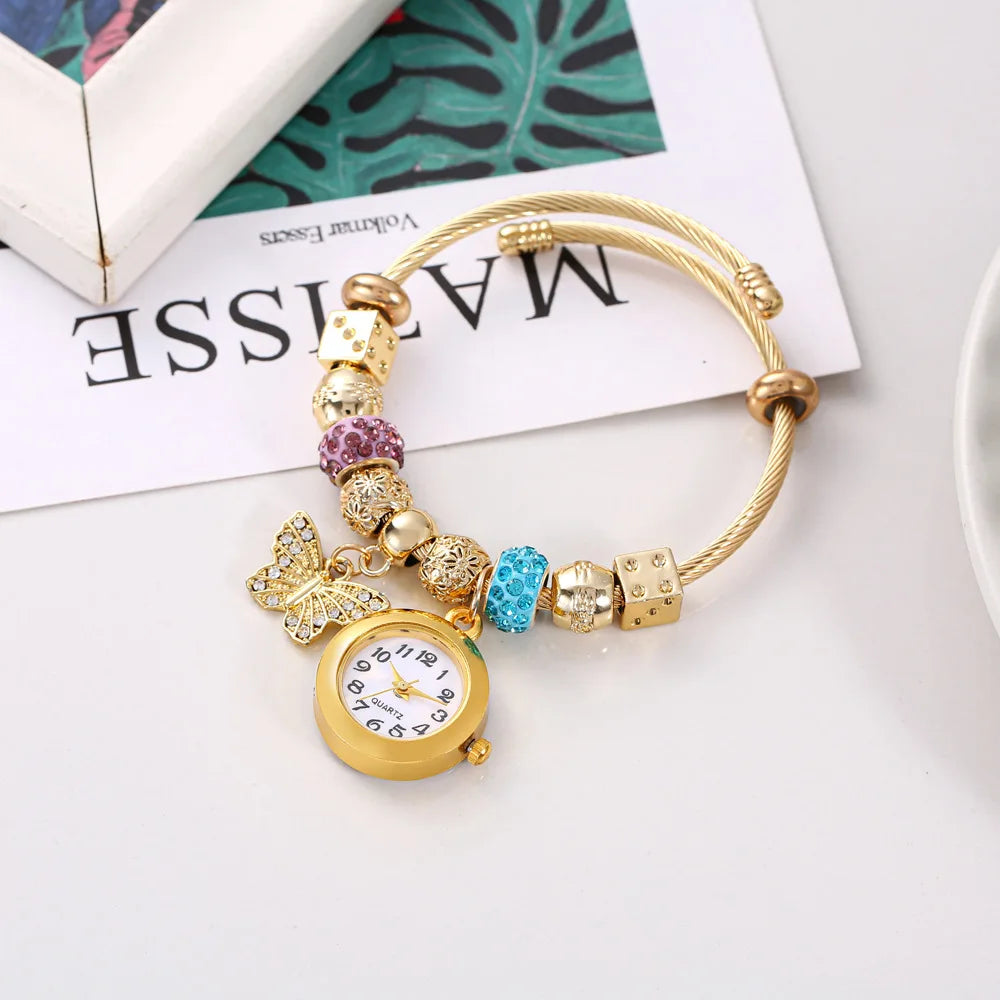 Golden Adjustable Opening Alloy Bracelet Quartz Bead Flower Pendant Couple Watch with Gift Box Qme 6