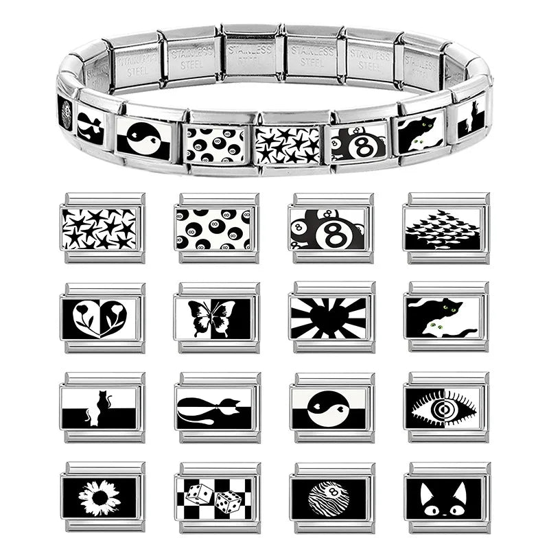 2026 New Fashion Black NO.8 Ball Cat Butterfly Italian Charms Fit 9mm Stainless Steel Women Fashion Bracelet DIY Jewelry Gifts Qme