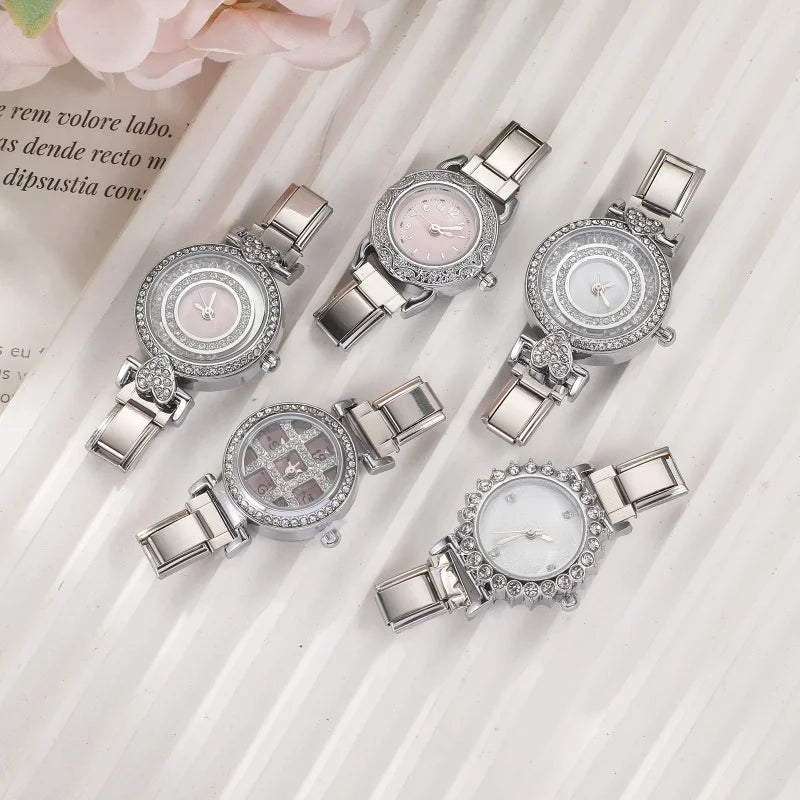 Fashion Women's Stainless Steel Round Shiny Zircon Watch DIY 9mm Width Bracelet Head For Party Friend Birthday DIY Jewelry Gift Qme