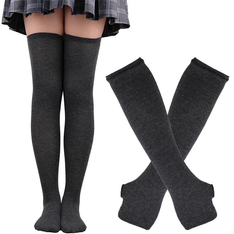Women Girls Over Knee Long Stripe Thigh Cotton Gothic Lolita Socks Qme Dark Grey One Size