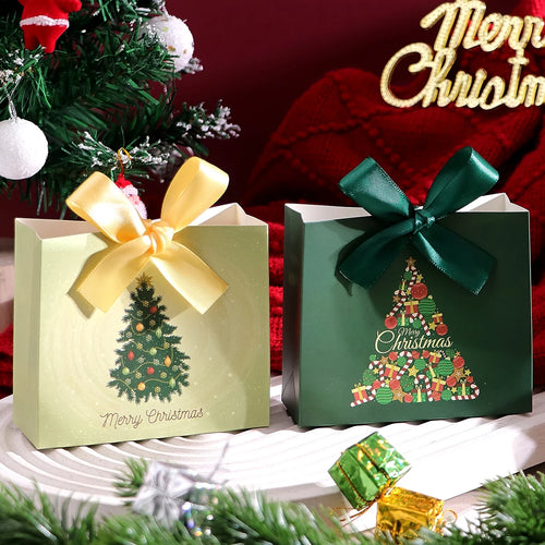 Pack of 10 Festive Christmas Mini Gift Bags with Ribbons - Colorful Design Featuring Christmas Tree, Santa and Merry Christmas W Qme