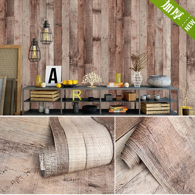 Blue Distressed Wood Wallpaper Thickening Vinyl Self-adhesive Qme Brown red 600cmx45cm