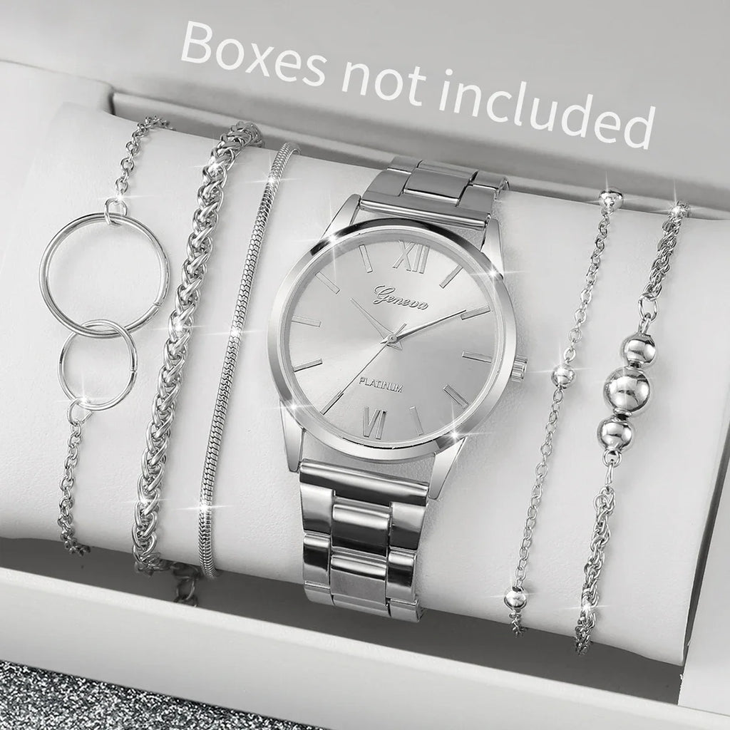 6 Pçs/set Moda Roma Dial Mulheres Relógio de Quartzo Banda de Liga de Prata Feminino Relógios de Pulso Pulseiras Conjunto Qme Silver