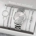 6 Pçs/set Moda Roma Dial Mulheres Relógio de Quartzo Banda de Liga de Prata Feminino Relógios de Pulso Pulseiras Conjunto Qme Silver