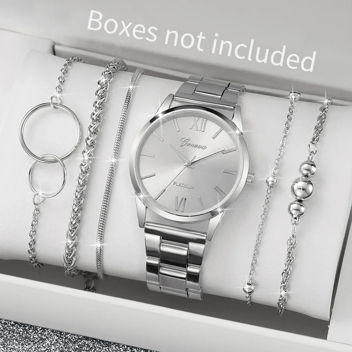 6 Pçs/set Moda Roma Dial Mulheres Relógio de Quartzo Banda de Liga de Prata Feminino Relógios de Pulso Pulseiras Conjunto Qme Silver