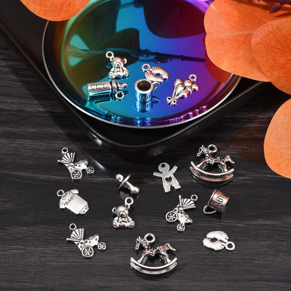 100pcs Baby Theme Charms Alloy Rocking Horse Baby Bottle Ginger Bread Man Toy Tibetan Baby Charms for Jewelry Making Bracelets Qme