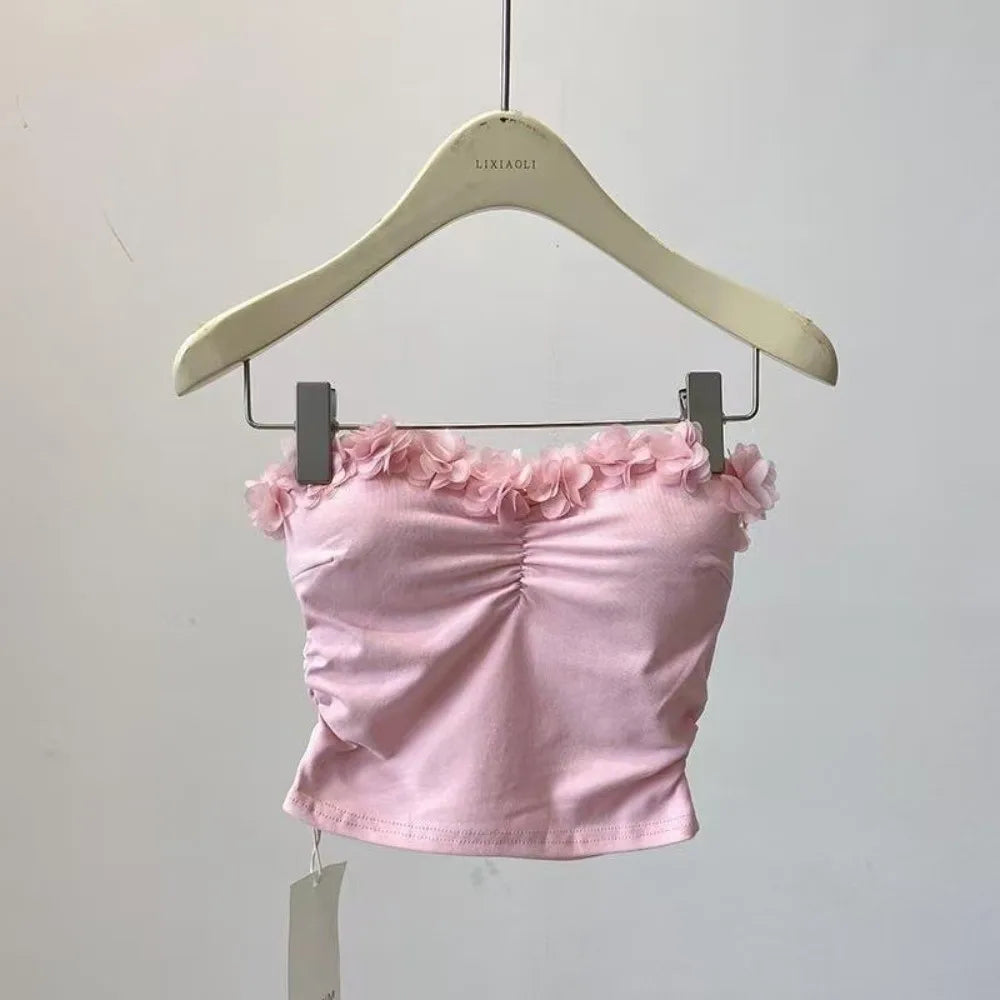 Socialite Style 3D Flower Camisole 3D Flower Decoration Slim Fit Tanks Suspender Vest Wrap The Chest Sleeveless Qme Pink One Size