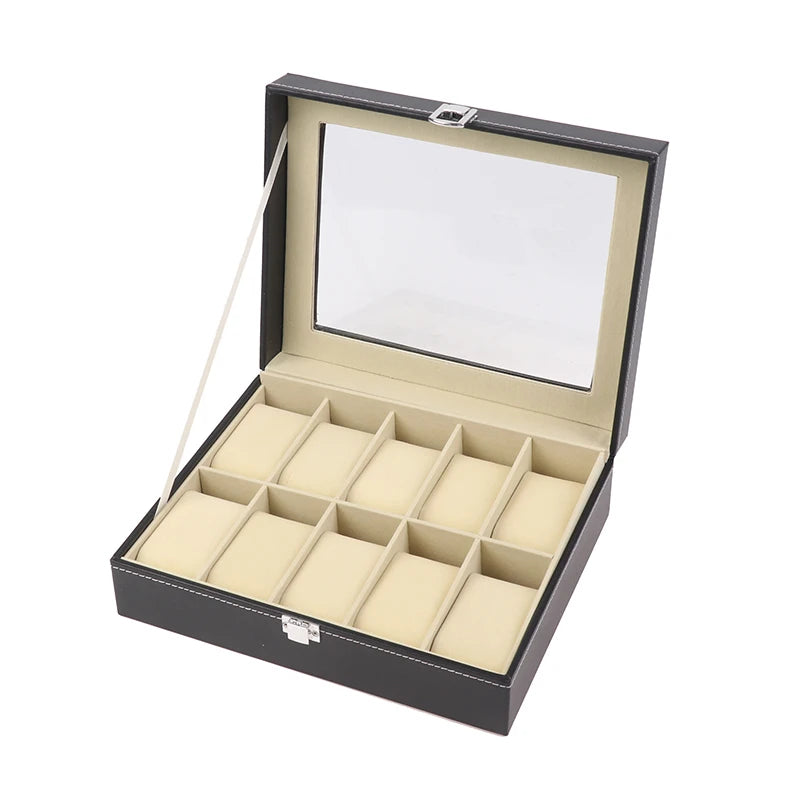 1Pc Black PU Leather Watch Box Display Case Organizer With Framed Glass Lid And Removable Pillow For Men And Women Qme 10 Slot