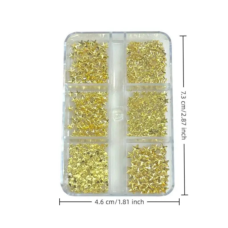 6 Grids Metallic Gold Silver Nail Art Rhinestones Pentagrams Rivet Qme