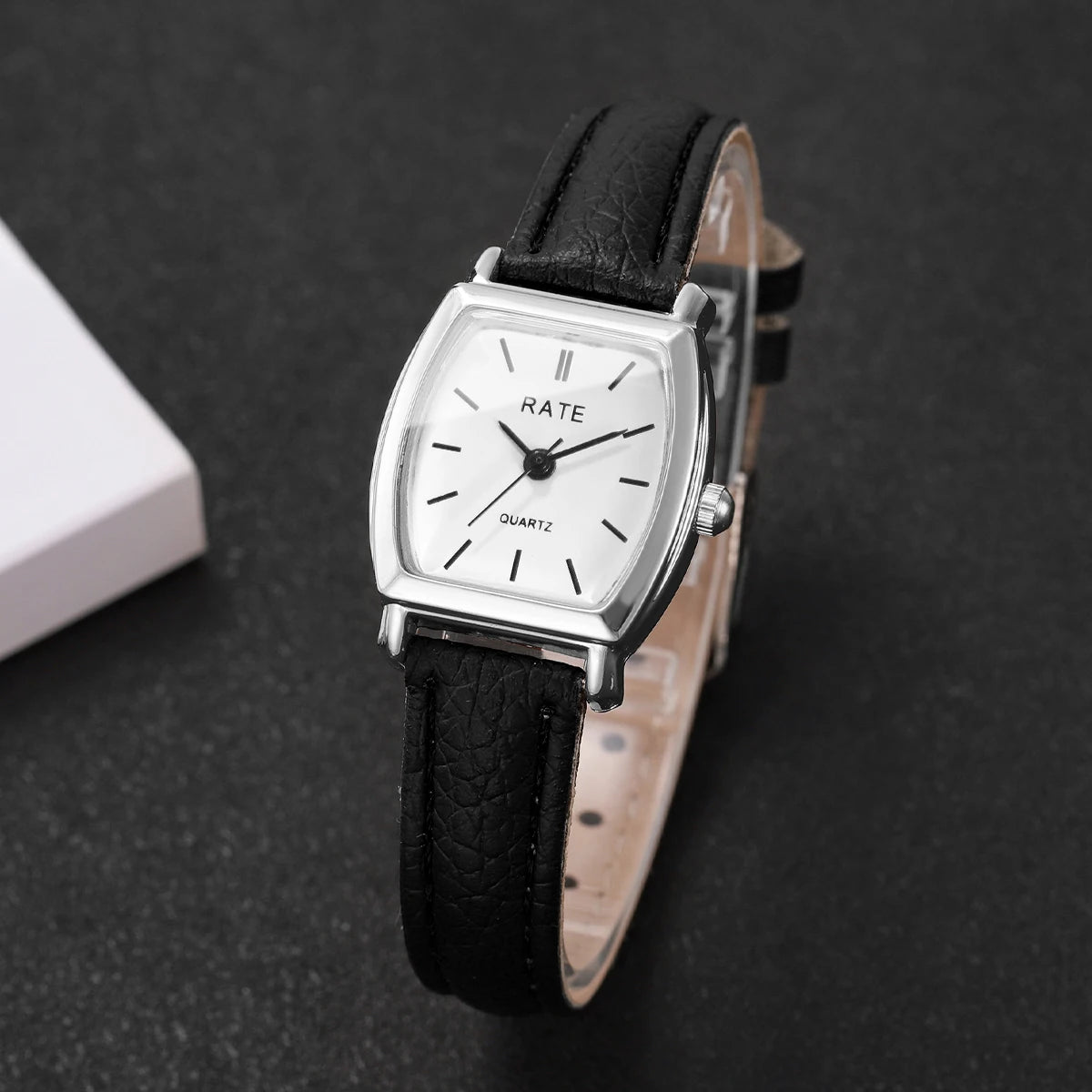Vintage Square Black Dial Leather Quartz Watch for Women Qme C Black White