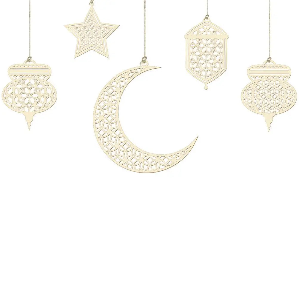 Wooden Moon Star Ramadan Ornaments Eid Mubarak Hanging Pendants DIY Islamic Muslim Festival Party Home Wall Decor Supplies Qme 5PCS