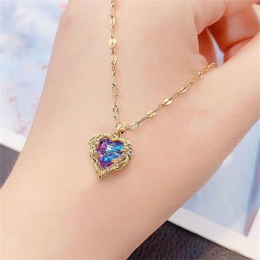 Light Luxury Blue Purple Sparkling Crystal Ocean Heart Necklace for Women Colorfast Collarbone Chain Jewelry Qme