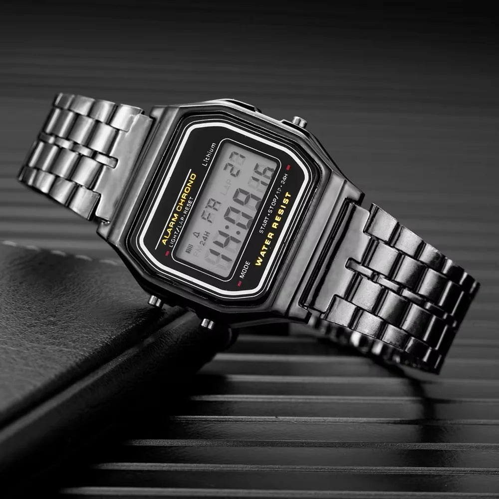 LED electronic watch with steel strip, small square, Harajuku style multifunctional watch Qme black