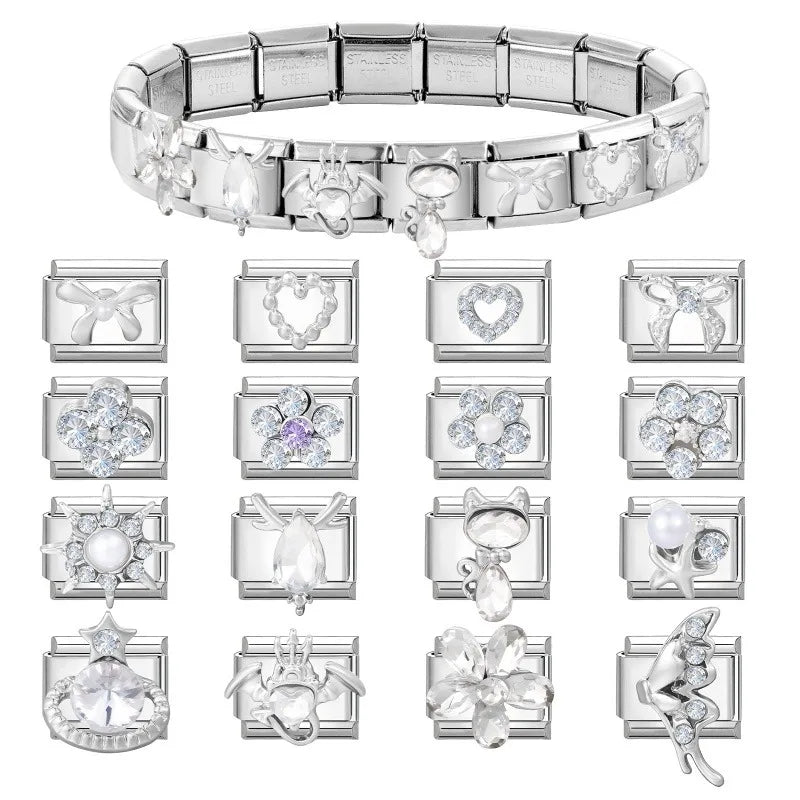 Fashion Love Heart Demon Wing Lovely Cat Elk Bowknot Shiny CZ Italian Links Charm Fit 9mm Stainless Steel Bracelet Making Gifts Qme