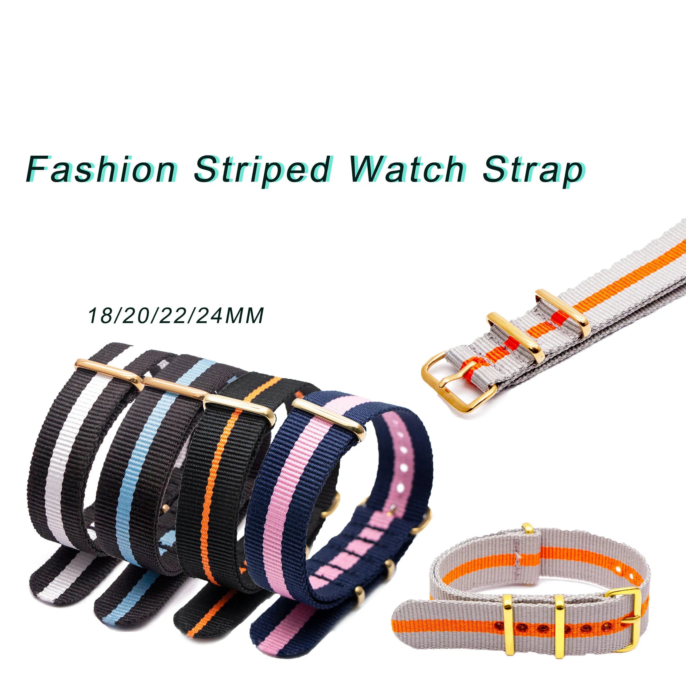 High Quality Luxury Striped Nylon Smart Watch Strap 18MM 20MM 22MM Gold Square Buckle Wear-resistant Woven Strap Qme