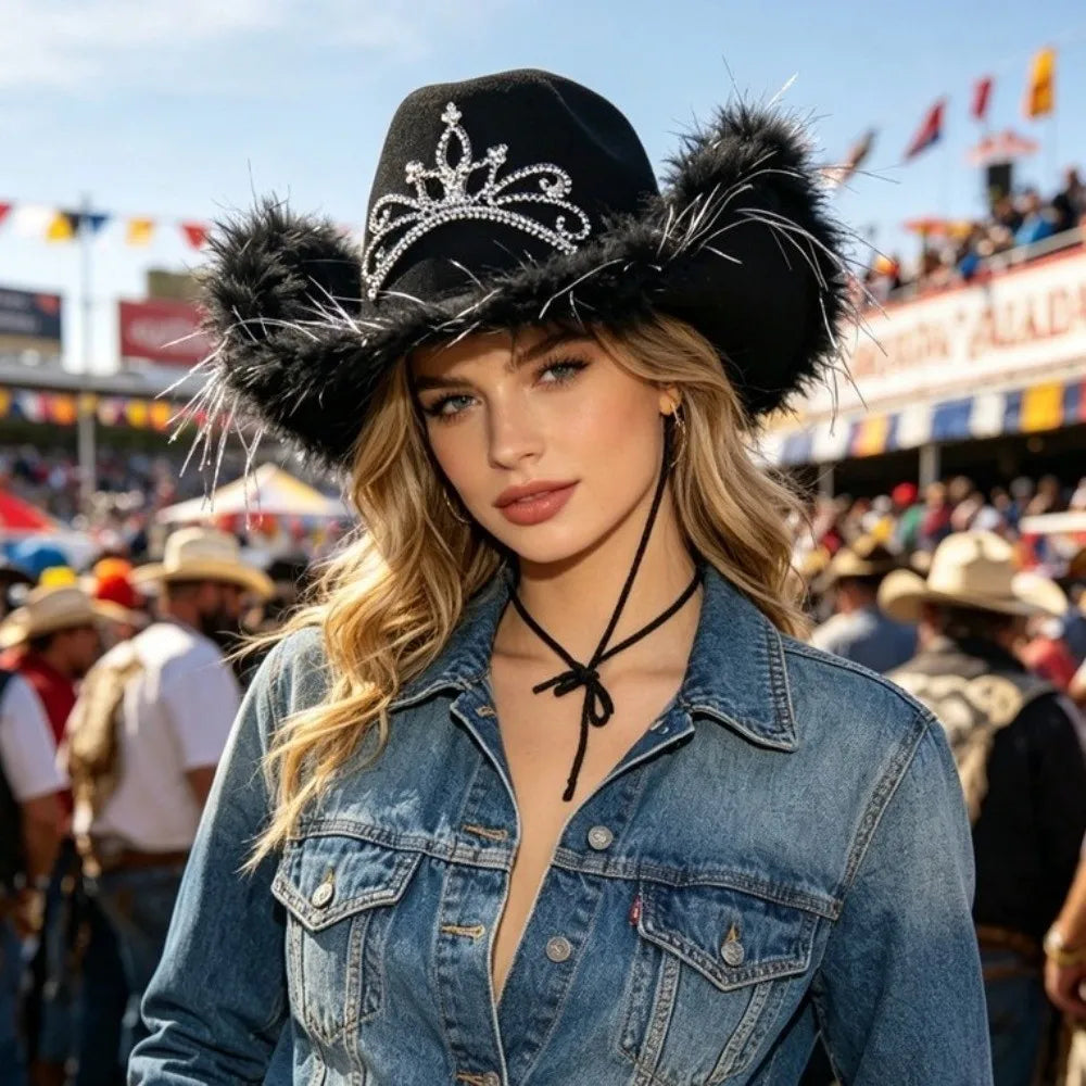 Wide Curved Brim Rhinestone Tiara Cowgirl Hat Western Shape Retention Qme