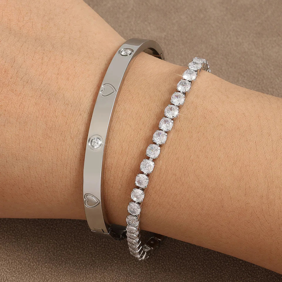 2PCS Colorful Shiny Zircon Stacked Bracelet Bangles High Quality Gold-plated Stainless Steel Jewelry Bracelet Bangles Set Gift Qme Silver Bangle Set