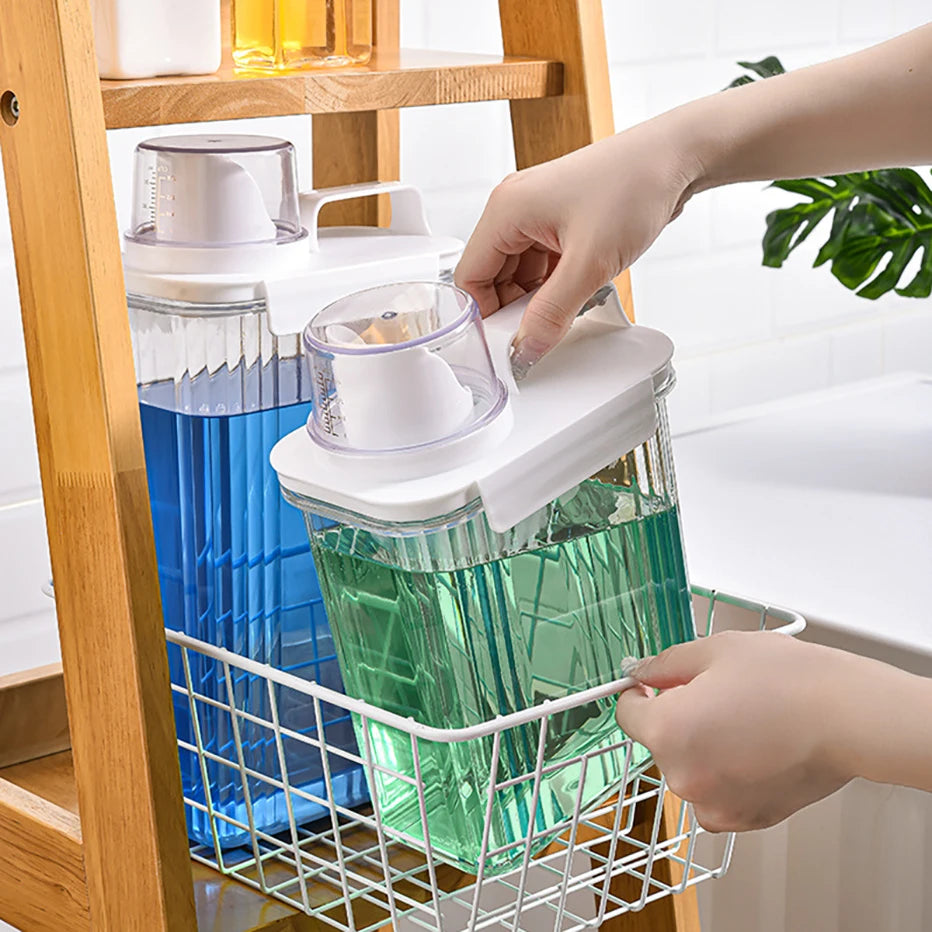 Clear Airtight Laundry Liquid Dispenser Detergent Powder Softener Dispense Tank with Measuring Cup Waterproof Labels Qme