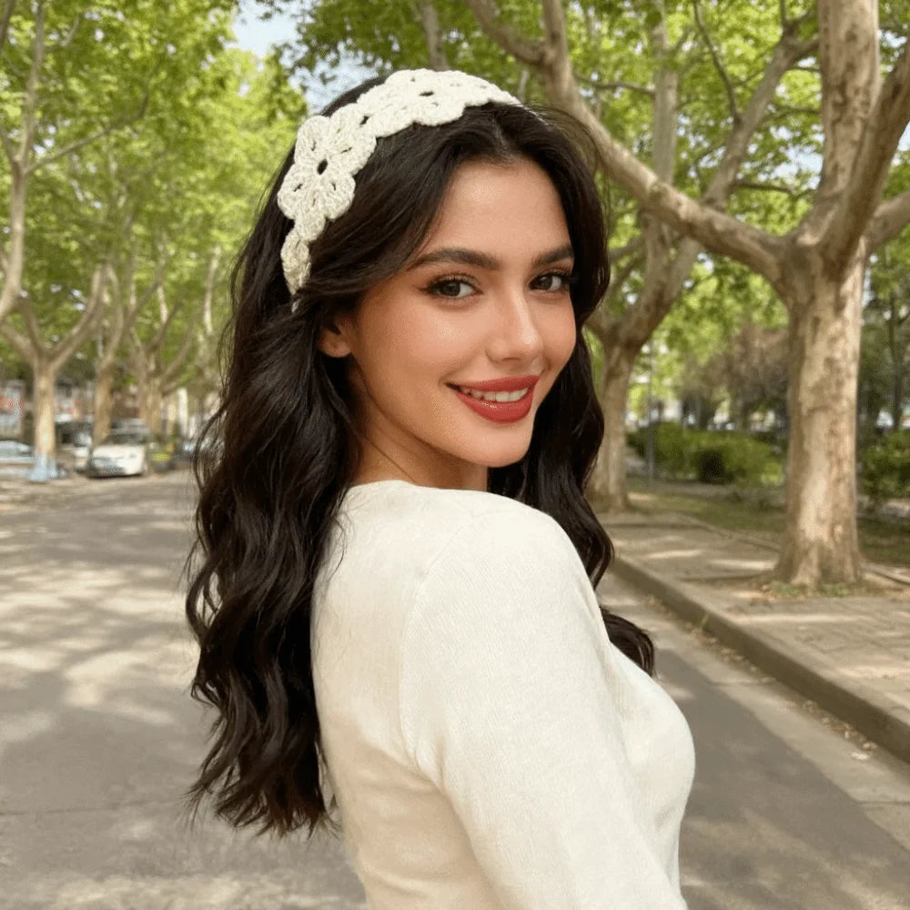 Cute French Knitted Headband Floral Retro Crochet Flower Hair Band Qme