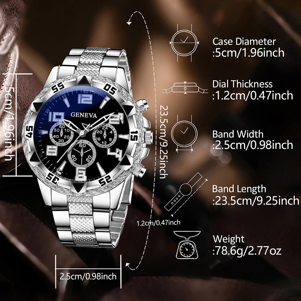 3PC Geneva black dial three eyed men's steel strap watch full diamond Cuban bracelet necklace three piece set Qme