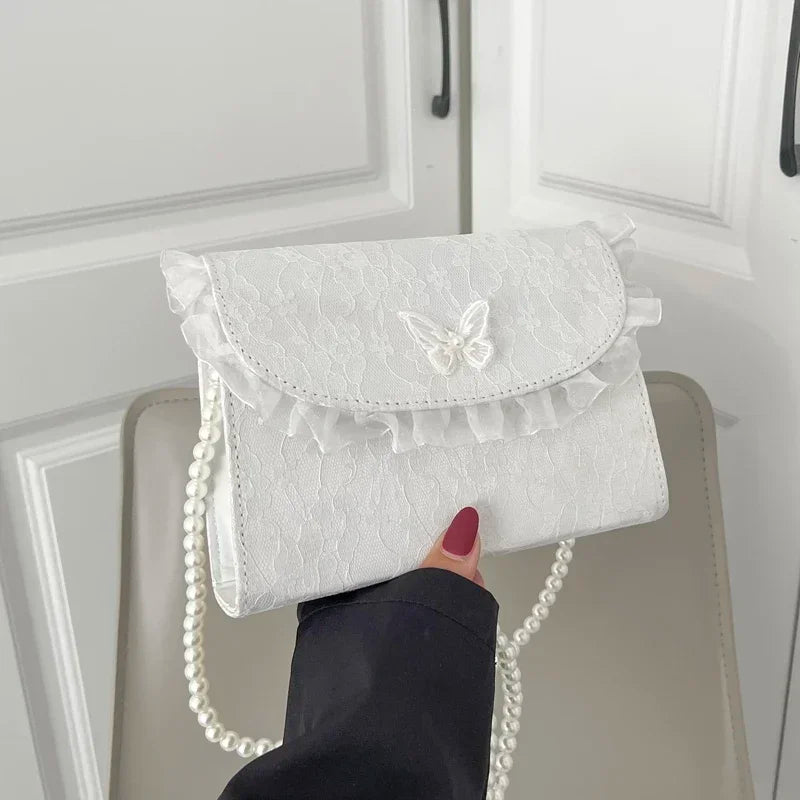 Women's Pearl Chain Shoulder Bag Elegant Small Handbag Fashion Qme 21x16cm butterfly