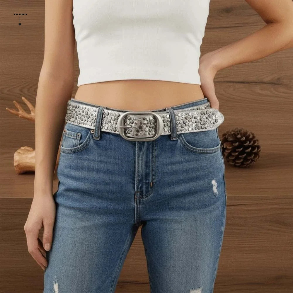 Randomly Placed Gothic Waiststrap Multi-Toned Aged Bronze Rivet Leather Belt Scratch Resistant Matt Finish Qme Black 122 cm - 48.03 in