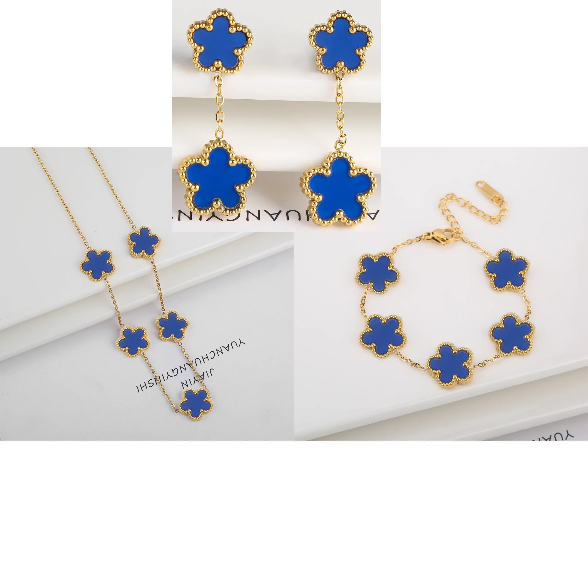 New Trend Five Leaf Flower Stainless Steel Jewelry Set Bracelet Necklace Earrings Classic for Woman Party Luxury Jewelry Clover Qme Jewelry Set 7